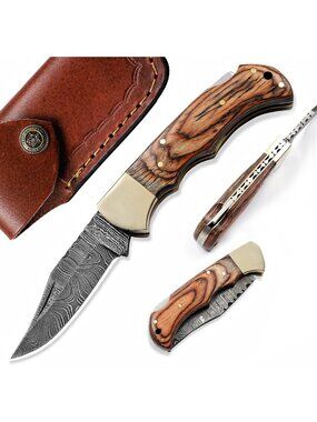 Handmade 6.5" Damascus Folding Pocket Knife with Sheath, Wooden Handle, EDC